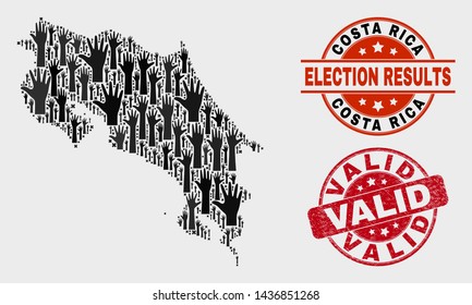 Vote Costa Rica map and watermarks. Red rounded Valid grunge seal. Black Costa Rica map mosaic of raised up vote arms. Vector combination for ballot results, with Valid seal stamp.