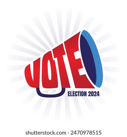 Vote creative concept on a megaphone icon. American Presidential Election 2024 poster, banners, template design. Vote vector typography logo on retro background. Political campaign badge, sticker.