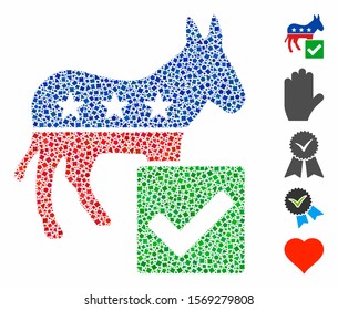 Vote democratic icon composition of raggy pieces in different sizes and color tinges, based on vote democratic icon. Vector joggly pieces are organized into composition.