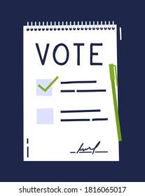 Votar por el concepto Bulletin. Lista de dibujos animados, elección de opciones y lápiz. Concepto de elección de voto. Estilo dibujado a mano con Doodle. Ilustración de color vectorial sobre fondo azul