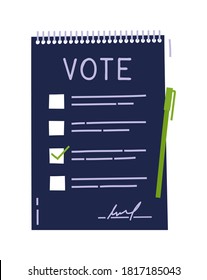 Vote document Bulletin concept. Cute cartoon list, choice of options and pen. Voting choice election concept. Doodle hand drawn style. Vector colored illustration for poster, cards and web. 