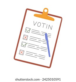 Vote document Bulletin concept. Cute cartoon list, choice of options and pen. Voting choice election concept. Doodle hand drawn style. Vector colored illustration on american flag background