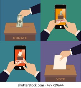 Vota y dona el concepto. Con teléfono móvil y de manera tradicional. Concepto plano de ilustración vectorial.