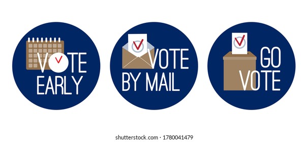 Vote early, vote by mail, go vote - USA presidential election round colorful Icons set.Calendar, clock, envelope, ballot, bulletin box, choice check mark. Flat Vector isolated on white background