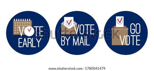 Vote early, vote by mail, go vote - USA\
presidential election round colorful Icons set.Calendar, clock,\
envelope, ballot, bulletin box, choice check mark. Flat Vector\
isolated on white\
background