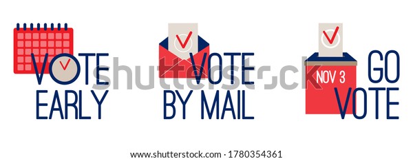 Vote early, vote by mail, go vote - USA\
presidential election colorful Icons, stickers set. Calendar,\
clock, envelope, ballot, bulletin box, choice check mark. Flat\
Vector isolated on white\
background