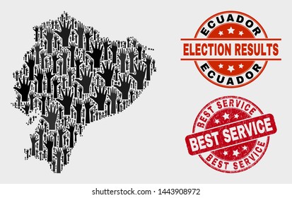 Vote Ecuador map and stamps. Red round Best Service textured seal. Black Ecuador map mosaic of raised up vote arms. Vector combination for ballot results, with Best Service seal.