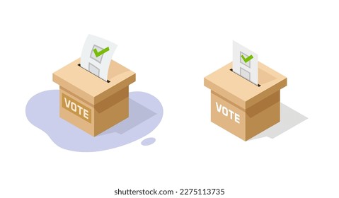 Vote election box icon 3d isometric vector graphic illustration, ballot urn with register check form modern design, poll paper clipart image