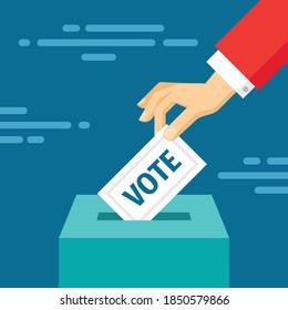 Vote election concept banner. Human hand puts voting ballot in vote box. Make a choice. Flat design style vector illustration.