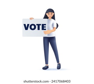 Vote, election concept design with 3D woman holding Vote sign, leaving vote, participate in voting, hand leaving paper in ballot box. Modern minimal style. 3D poster, banner