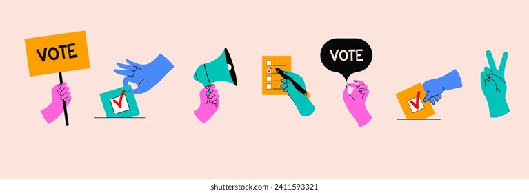 Vote, election concept design with hand drawn hands holding Vote sign, leaving vote, participate in voting, holding a megaphone, hand leaving paper in ballot box. Modern minimal style. Poster, banner