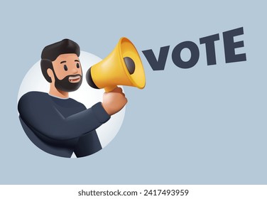 Vote, election concept design with Vote word and man holding megaphone. 3D modern minimal style. Poster, banner and background. Bold colorful modular vector illustration