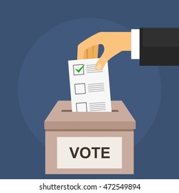 Vote for election concept on dark blue. Hand puts voting ballot in ballot box in flat style