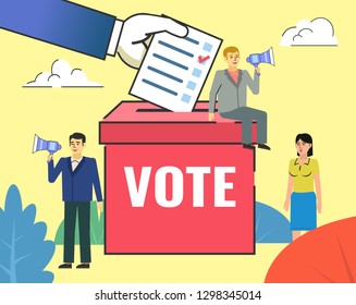 Vote, election concept. People stand near big voting box. Poster for social media, web page, banner, presentation. Flat design vector illustration