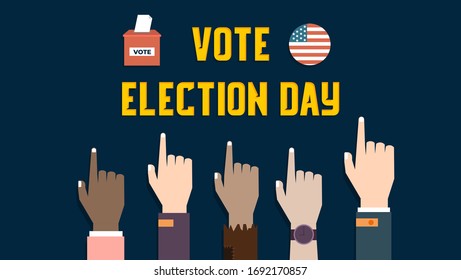 Vote Election day with hands. Usa debate of president. Election voting poster. Vote 2020 in USA banner design. Political election campaign. Perfect for background, poster, flyer, website, social media