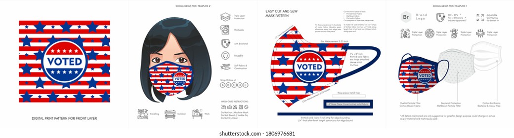 Vote election face mask for 2020 background, vote USA 2020, pattern, Seamless Print, Mockup