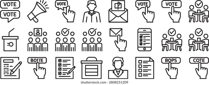 Vote Election Icons Set with Hand Pointer, Ballot Envelope, Ballot Box, Speech Bubbles and Polling Symbols