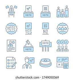 Vote and Election related blue line colored icons. Voting icon set.