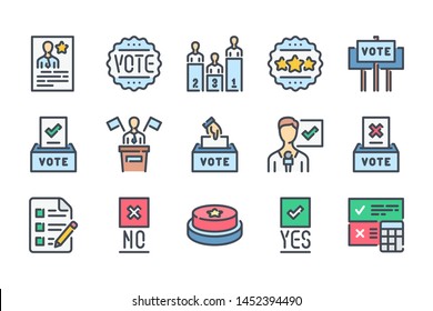 Vote and Election related color line icon set. Voting colorful linear icons. Politic elections flat color outline vector sign collection.