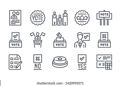 Vote and Election related line icon set. Voting linear vector illustration collection. Politic elections outline icons.