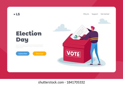 Vote, Election or Social Poll Landing Page Template. Man Put Huge Paper Ballot with Green Tick in Box. Tiny Voter Male Character Casting Ballots at Polling Place, Voting. Cartoon Vector Illustration