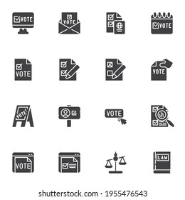 Juego de iconos vectoriales de votación y elección, colección moderna de símbolos sólidos de votación, paquete de pictogramas estilo relleno. Señales, ilustración del logotipo. Establecer incluye iconos como libro de leyes, casilla de verificación, marca de verificación de los candidatos