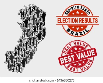 Vote Espirito Santo State map and seal stamps. Red round Best Value grunge seal stamp. Black Espirito Santo State map mosaic of raised solution hands. Vector composition for referendum results,