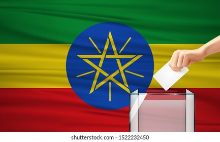 Vote for Ethiopia election with voting box and Ethiopian flag. Vector Illustration.