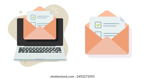 Vote form check list via email letter icon vector graphic illustration set, computer pc laptop received mail with survey exam checklist envelope on screen, digital subscription correspondence image