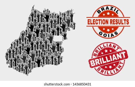 Vote Goias State map and stamps. Red rounded Brilliant scratched seal. Black Goias State map mosaic of raised vote hands. Vector combination for ballot results, with Brilliant seal.