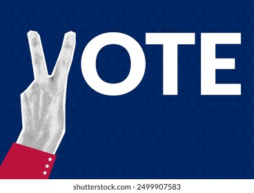 Votar. Collage semitono de la mano de las mujeres en estilo retro pop art. Elecciones presidenciales. El concepto de votar, elegir y tomar una decisión. Ilustración vectorial de Antiguas sobre fondo azul