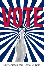 Votar. Collage semitono de la mano de las mujeres en estilo retro pop art. El concepto de votar, elegir y tomar una decisión. Ilustración vectorial de Vertical de Antiguas 