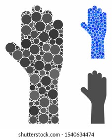 Vote hand composition of circle elements in various sizes and color hues, based on vote hand icon. Vector circle elements are combined into blue collage.