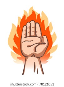 Vote hand up icon in flames. Vector illustration.