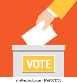 Vote. Hand putting paper in ballot box. Vector illustration. Flat style.