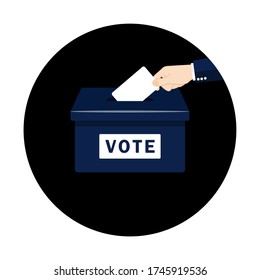 Vote. Hand putting paper in the ballot box. Voting concept in flat style on an isolated background. EPS 10 vector.