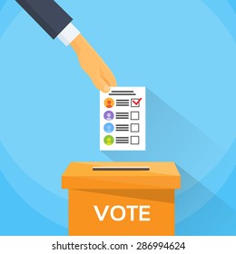 Vote Hand Putting Paper Ballot List in Voting Box Flat Vector Illustration