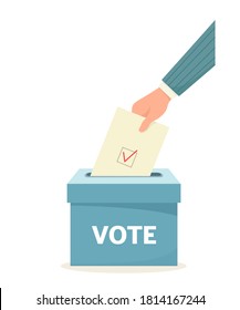 Vote. A hand throwing a bulletin  into the ballot box. Vector illustration in cartoon flat style.