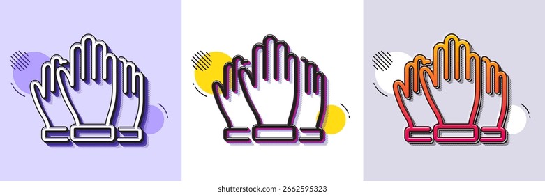 Icono de línea de manos de votación. Patrón punteado de semitono. Icono de degradado con sombra de grano. Señal de votación electoral. Voluntarios o símbolo del referéndum. Icono de voto de línea. Varios diseños. Vector
