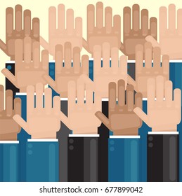 Vote. Hands raised up. Elections or greetings. Vector image