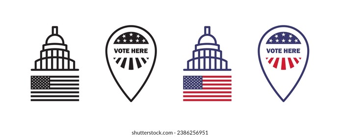 Vote here badges. US Election and voting. Voting in election. Vector scalable graphics