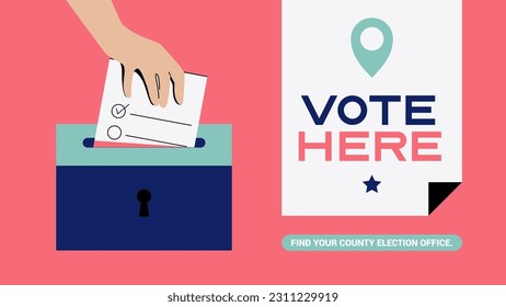 Vote here banner template. Vector illustration of hand pulling down ballot. Election voting poster. Political election campaign.