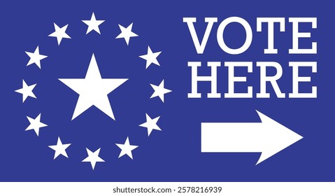 Vote here direction sign with arrow. American elections. Flat vector illustration isolated on blue background.