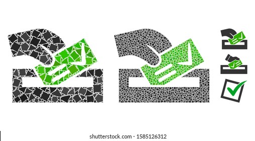 Vote here icon mosaic of inequal items in different sizes and color tints, based on vote here icon. Vector unequal items are combined into mosaic. Vote here icons collage with dotted pattern.