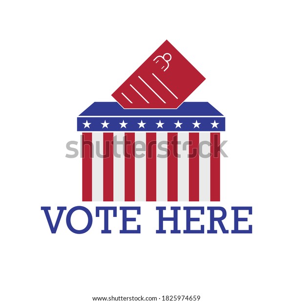 VOTE HERE. Polling place sign. 2020\
United States presidential election. Vector\
illustration.