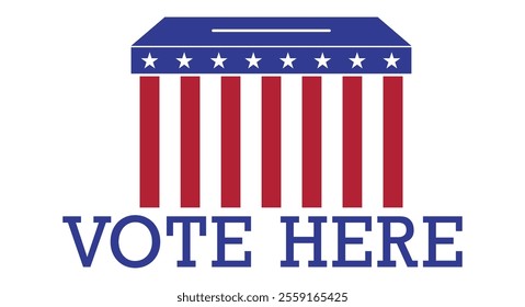 Vote here. Stars and stripes ballot box icon. American elections. Flat vector illustration isolated on white background.