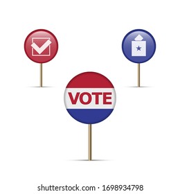 Vote here, voting map pins, location markers. Polling place. The US presidential election 2020. American flag colors. Vector illustration.