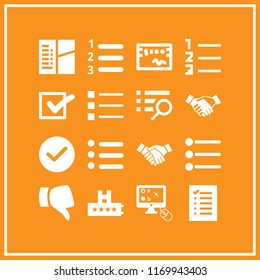vote icon. 16 vote vector set. hands salutation of two businessmen, thumb down, list and tick mark icons for web and design about vote theme