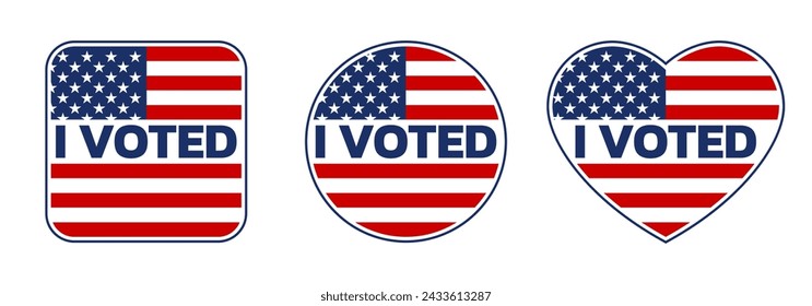 Vote icon, badge or sign set. I voted sticker with USA flag. Voting, presidential campaign concept. American election design element. Vector illustration.