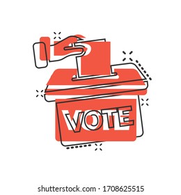 Vote icon in comic style. Ballot box cartoon vector illustration on white isolated background. Election splash effect business concept.